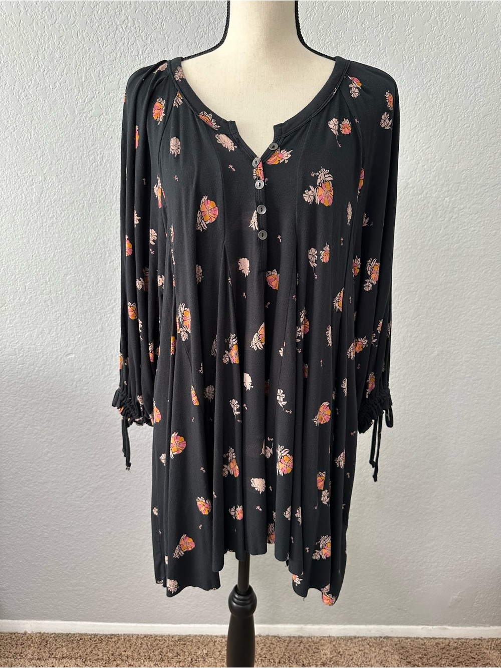 Free People Winter Sun Floral Tunic Dress Size S Oversized Henley Boho High Low